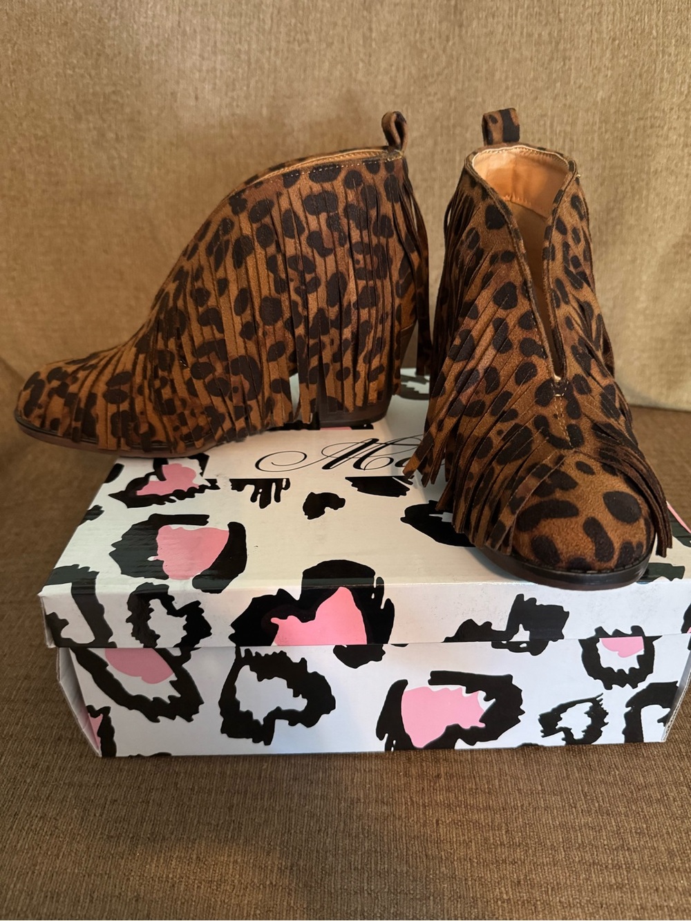 Leopard Print Fringe Booties - Women’s size 6, New in box